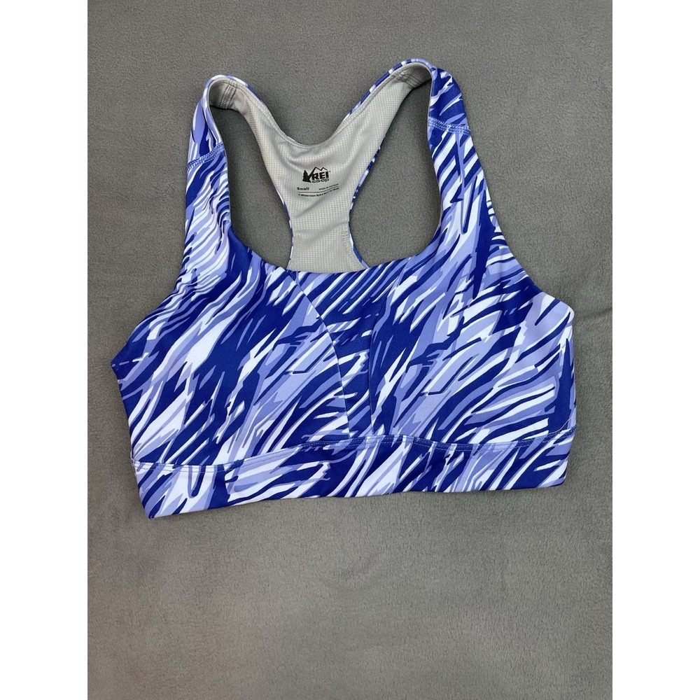 REI Co Op Sports Bra Womens Small Blue Geometric Stretch Gym Workout Top Racer